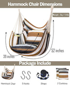 Halalona Hammock Chair Hanging Hammock Chair Rope Swing 2 Cushions Included-Sturdy & Durable Soft Cotton Hand Woven Hammock Swing for Bedroom, Porch, Patio-Indoor/Outdoor