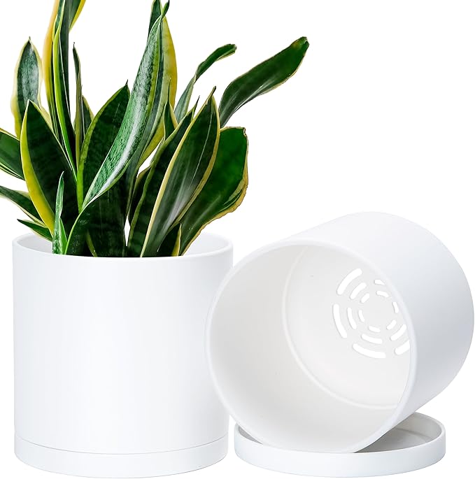 Planters 2 Pack 6.5 Inch Matte White Modern Plastic Pots with Saucers