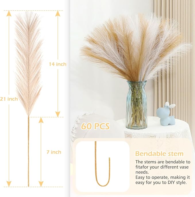 Artificial Pampas Grass Stems, 60 Pcs, Brown and White, 21.7 Inch