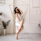 Barydat 2 Pcs Hanging Hammock Chair Boho Swing Chair Indoor Outdoor Cotton Rope Weaving Chair with 40 Inch Detachable Metal Bars for Backyard Living Room Bedroom Garden(Beige)