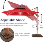 Best Choice Products 10ft Square Cantilever Patio Umbrella w/Base Included, Woodgrain Pattern Pole & Solar LED Lights, 360-Rotation, Offset Hanging Outdoor Shade - Red