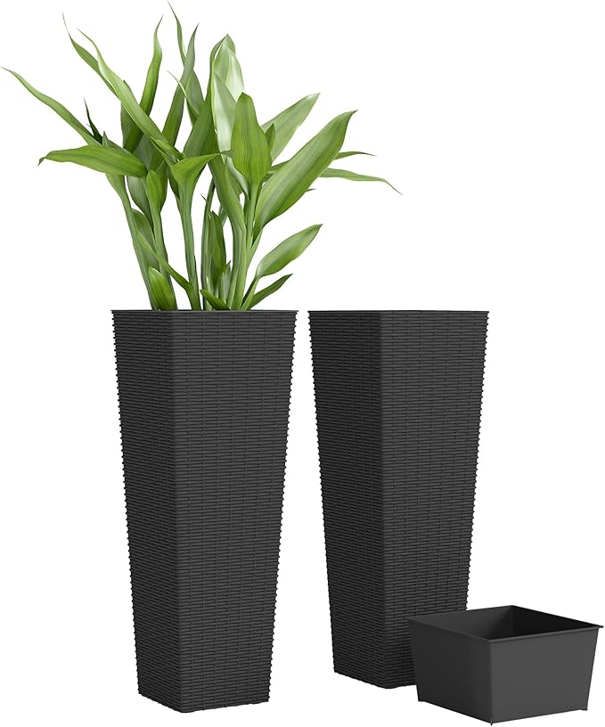 Outsunny 32 Inch Tall Planters for Outdoor Plants, Set of 2 Plastic Rattan-Like Flower Pots with Drainage Holes, Stackable Tapered Planters for Indoor Plants, Front Porch, Black
