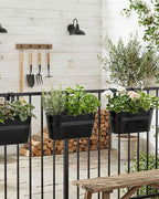 Metal Railing Planters for Outdoor Plants - 3 Pcs Balcony Hanging Flower Pots with Detachable Hooks & Drain Holes, Windowsill Oval Hanging Bucket Pots Fence Planters for Garden Home Decor, Black
