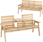 Tangkula Outdoor Fir Wood Bench with Foldable Middle Table, 2-3 Person Garden Bench with Backrest and Armrests, 710 lbs Weight Capacity, Slatted Seat Bench for Porch, Patio, Backyard