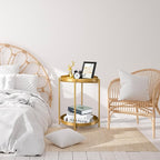 danpinera 2-Tier End Table, Outdoor Side Table, Metal Round Desk with Removable Tray, Small Folding Accent Desk, Anti-Rust Nightstand for Bedroom Balcony Patio Living Room, Set of 2 (Gold)