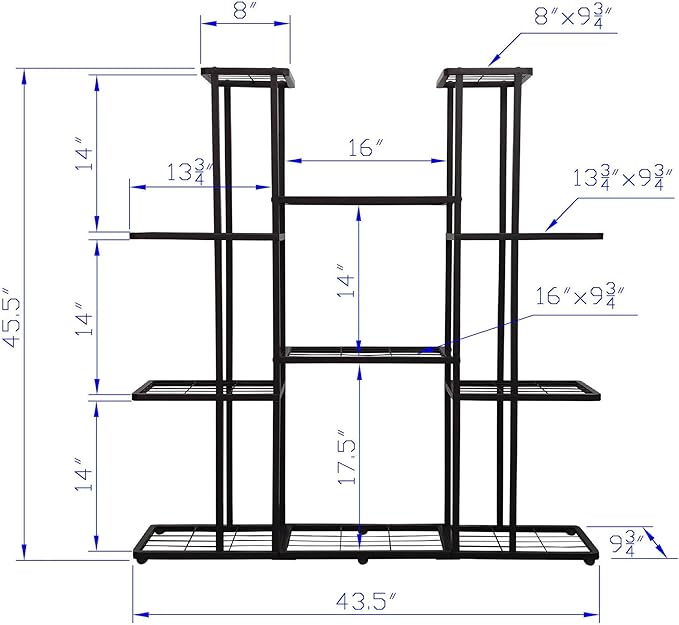 MTB Garden 4 Tier 11 Potted Metal Large Plant Stand for Indoor Outdoor Flower Pot Display Planter Shelf, Charcoal Grey