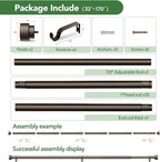 Curtain Rods for Windows 32 to 170, 1 Inch Adjustable Heavy Duty Long Window Outdoor Curtain Rod for Patio, Drapery Rods with Simple End Caps, Size 32"-170", Antique Bronze