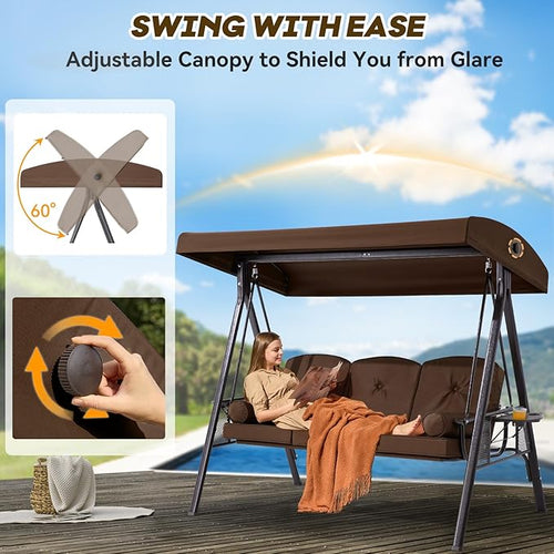 3 in 1 Outdoor Porch Swing with Canopy, 3 Seat Outdoor Swing for Adults, Patio Swing Chair with Thickened Cushions,Pillows & Cup Holders for Backyard, Porch, Garden (Brown)