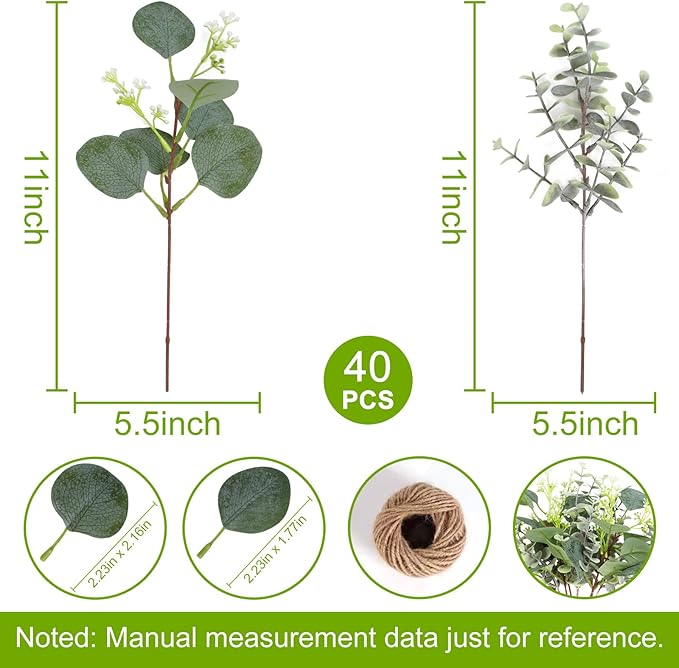 Artificial Eucalyptus Greenery Stems, 40 Pack, Silver Dollar Style, Green