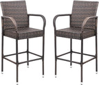 Homall Patio Bar Stools Wicker Barstools Indoor Outdoor Bar Stool Patio Furniture with Footrest and Armrest for Garden Pool Lawn Backyard Set of 2 (Brown)