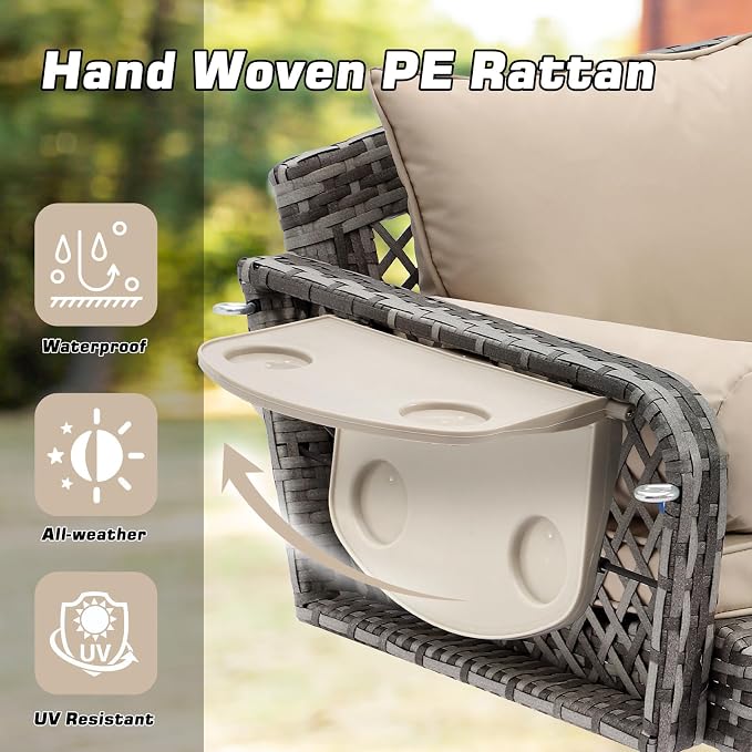Porch Swing, 3-Person Outdoor Wicker Bench with Cushions & Cupholders