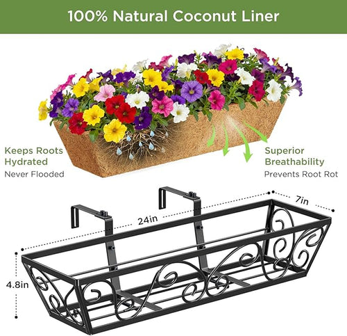 4pcs 24 Inch Window Deck with Coco Liner, 24" Window Boxes Horse Trough with Coconut Coir Liner, Metal Hanging Flower Planter Window Basket Deck Railing Planter Boxes for Outdoor Indoor Lawn
