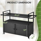 VINGLI Wicker Outdoor Bar Cart with Storage and Wheels, Outdoor Bar Table Serving Cart Rattan Bar Cart with Glass Top and Shelf for Pool, Party, Backyard, Porch (Black)