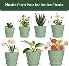 Plastic Plant Pots, 7/6.5/6/5.5/5/4.5/4 inch Flower Pots with Drainage Holes and Trays, 7 Pack Planter for Indoor Outdoor Plants (Green)
