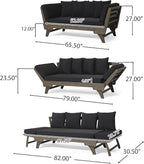 Merax Outdoor Patio Daybed Sofa,3-Seat Sofa with Foldable Arm 4 Back Pillows,Teak Acacia Wood Frame Beige Removable Cushion,Grey+Black