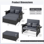 HAPPYGRILL Patio Rattan Wicker Daybed with Loveseat & Storage Ottoman, Outdoor Lounge Sofa Furniture Set with Adjustable Backrest & Side Trays, for Poolside Deck Porch Lawn (Black & Gray)