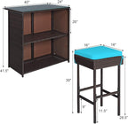 Tangkula Patio Bar Set, 3 Piece Outdoor Rattan Wicker Bar Set with 2 Cushions Stools & Glass Top Table, Outdoor Furniture Set for Patios Backyards Porches Gardens Poolside (Turquoise)