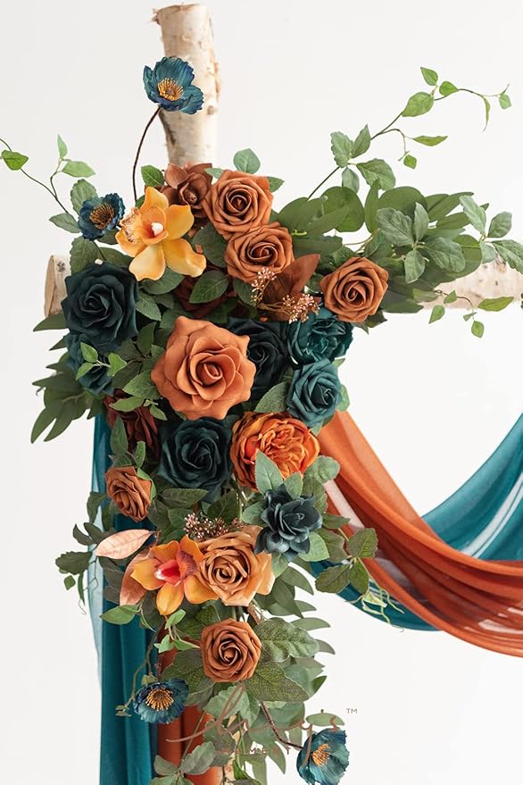 Artificial Flowers Wedding Arch Kit, Teal and Burnt Orange, 4 Piece Set