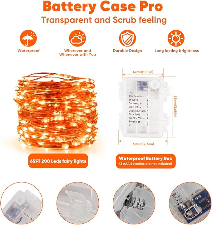 Indoor String Lights, Battery Powered Orange LED, 65.6 Ft Remote Control