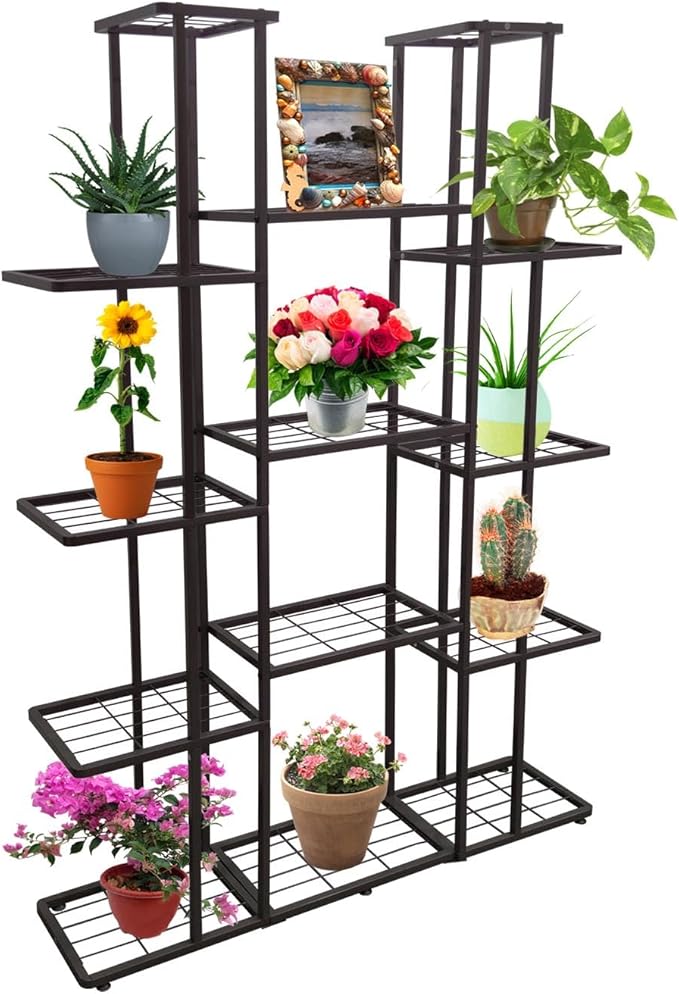 MTB Garden 5 Tier 14 Potted Metal Large Plant Stand for Indoor Outdoor Flower Pot Display Planter Shelf, Charcoal Grey