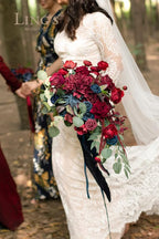 Artificial Flowers Bridal Bouquet in Burgundy and Navy Blue, 15-Inch