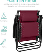 Best Choice Products 30” Wide Folding Zero Gravity Outdoor Recliner Patio Lounge Chair w/Adjustable Canopy Shade, Headrest, Side Accessory Tray - Burgundy