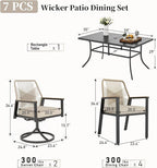 Patio Dining Set 7 Piece, 4 Woven Rattan Fixed Chairs and 2 Swivel Chairs with Waterproof Cushion, 59" Rectangular Metal Table with Umbrella Hole, Outdoor Table Set for Backyard Lawn Deck, Beige