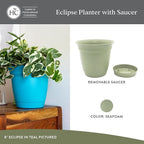 The HC Companies 8 Inch Eclipse Round Planter Pots with Drainage Holes & Attached Saucer, Lightweight UV-Resistant Plastic Indoor Outdoor Planters, 4-Pack Flower Pots for Garden & Home Decor, Seafoam