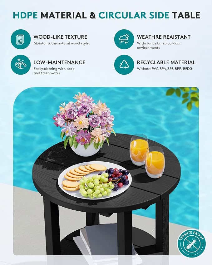 SERWALL Round Outdoor Side Table, HDPE Small Adirondack End Table, 2-Tier Patio - Image 4