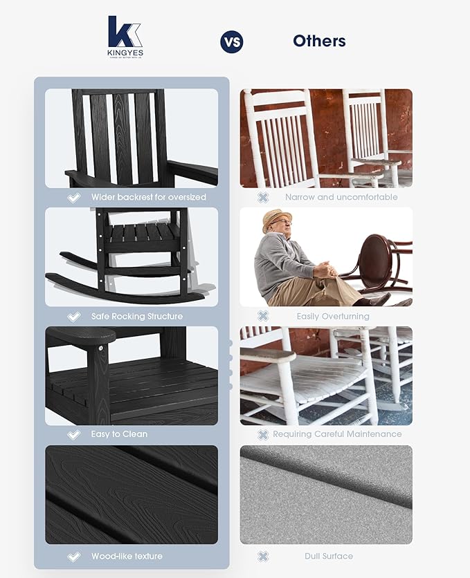 KINGYES Oversized Outdoor Rocking Chair Set of 2, All-Weather Patio Rocking Chairs for Porch, HDPE Outdoor Patio Rockers with High Back & Wide Seat for Garden, Lawn, Black