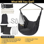 Y- STOP Hammock Chair Hanging Rope Swing Chair, Max 500 Lbs, 2 Seat Cushions Included, Removable Steel Spreader Bar with Anti-Slip Rings, Hardware kit-for Indoor Outdoor(Dark Grey) pcs