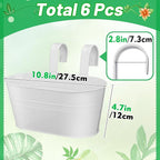 MADHOLLY Railing Planter with Drainage Holes - 6Pcs Sturdy Bucket Pots for Railing Fence, Countryside Style Metal Flower Pots for Herbs Balcony Garden Yard Decor, White