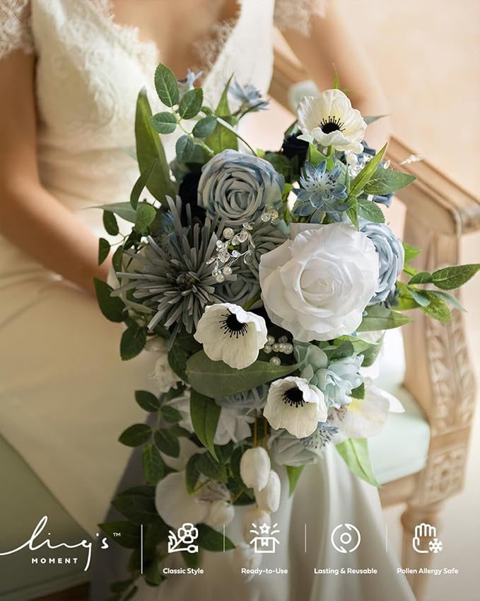 Artificial Flowers: Dusty Blue Cascade Bridal Bouquet, Silk with Pearls