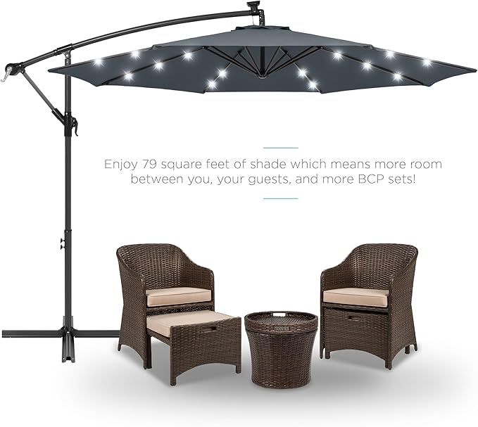 Best Choice Products 10ft Solar LED Offset Cantilever Hanging Market Patio Umbrella, 8 Sturdy Ribs, Easy Adjustment - Slate