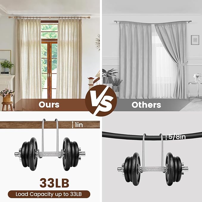 1” Diameter Curtain Rods Itself is 30 to 90 inch 2 Pack Fit 30-84 inch Window with Heavy Duty Adjustable Rod Matte Wood Grain Splicing Metal Extra Long Curtain Rod for Windows