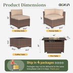 Aoxun 11 Piece Patio Furniture Set with 44” Fire Pit Table Wicker Rattan Outdoor Sectional Sofa Set with Coffee Table and Thickened Cushions, Beige (Waterproof Cover Included)
