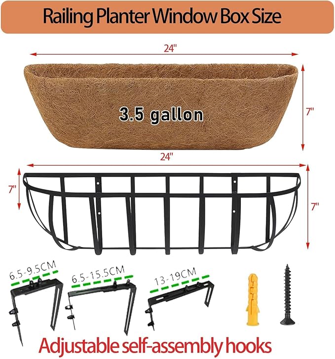 30'' Window Box Railing Planter with Coco Liner,4 Pack Horse Trough Planters Black Metal Hanging Flower Planters Basket for Porch Fence Patio Indoor Outdoor Lawn