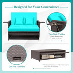 HAPPYGRILL Patio Rattan Wicker Daybed with Loveseat & Storage Ottoman, Outdoor Lounge Sofa Furniture Set with Adjustable Backrest & Side Trays, for Poolside Deck Porch Lawn (Mix Brown & Turquoise)