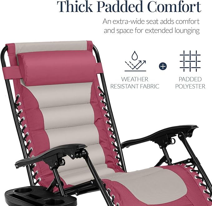 Best Choice Products Oversized Padded Zero Gravity Chair, Folding Outdoor Patio Recliner, XL Anti Gravity Lounger for Backyard w/Headrest, Cup Holder, Side Tray, Polyester Mesh - Pink/Taupe