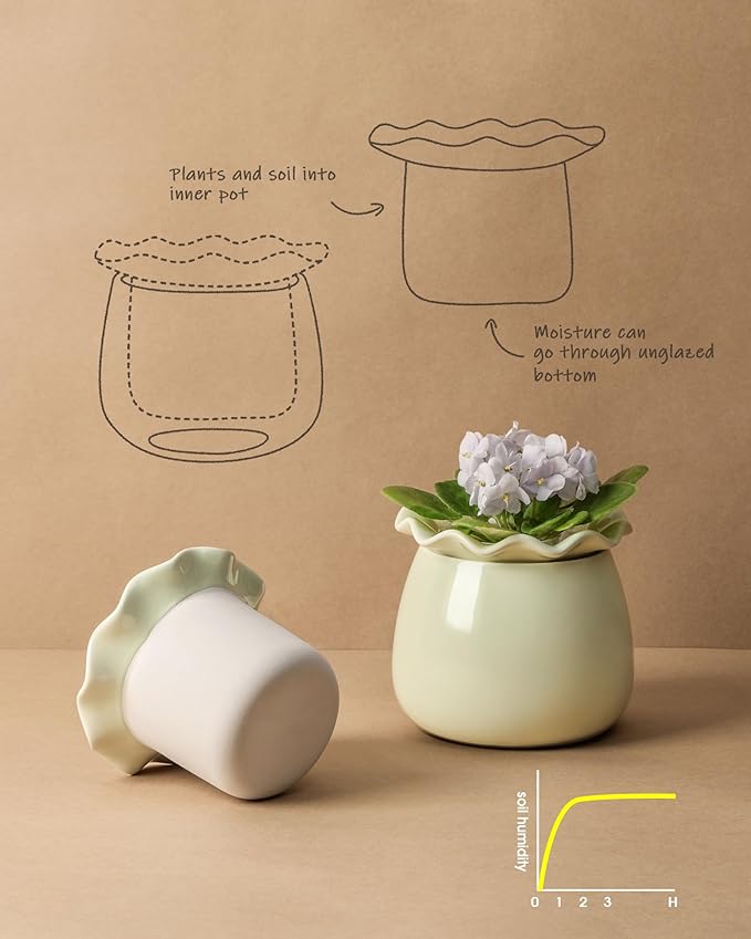 Self Watering Plant Pot, 6 Inch African Violet Pots Maintenance, Ceramic Self-Watering Planter for Indoor Plants - Ideal Flower Pot for Thriving Indoor Gardens, Green
