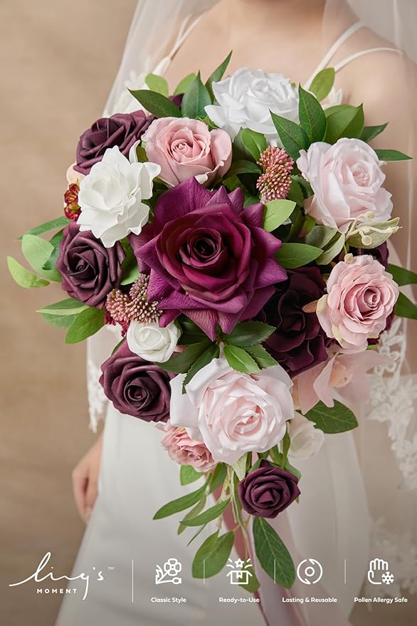 Artificial Flowers Bridal Bouquet, Marsala and Blush Silk Roses, 13 in Wide