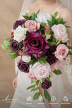 Artificial Flowers Bridal Bouquet, Marsala and Blush Silk Roses, 13 in Wide