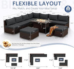 NICESOUL 10 Piece Outdoor Patio Furniture Set with Fire Pit Natural Gas/Propane, 29.3'' High-Back XL Big Size Wicker Sectional Sets, Deep Wide Sofa Couch for Outside, Brown Rattan and Grey Cushion