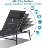 2 Pack Foldable Chaise Lounge Chair with Cup Holder, Assemble-Free Outdoor Lounge Chair with Detachable Pillow and 6 Adjustable Backrest, Patio Lounge Chair for Outside Poolside Beach Pool, Black