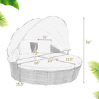 Tangkula Patio Round Daybed with Retractable Canopy, Outdoor Wicker Rattan Furniture Sets, Sectional Cushioned Sofa Set w/Height Adjustable Coffee Table, Rattan Conversation Sets (Beige)
