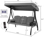 HOMREST 3 Seat Outdoor Porch Swing with 1.5" Deepened Cup Holder, Adjustable Canopy, Patio Swing Bed with Stand, Patio Glider Swing with Thicken Cushions, Pillow for Yard, Garden(Grey)