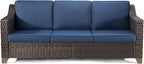 Joyside Patio Sofa - 3 Seater Rattan Sofa, All Weather High Back Sofa, Upgraded Large Size with 4inch Seat Cushions for Backyard, Garden, Poolside (Brown/Blue)