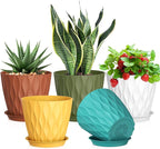 7 inch Plant Pots for Indoor Outdoor Plants, 5 Pack Thick Nursery Pots with Drainage Holes and Saucers, 3D Modern Wave Texture Plastic Planter Pots for Flowers and House Plants, Multicolor
