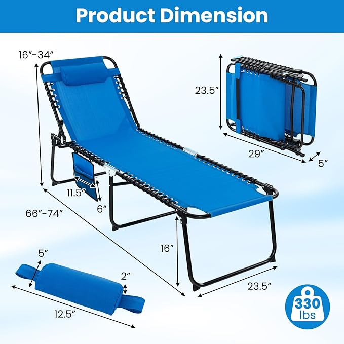 GYMAX Lounge Chairs for Outside, Extra High Folding Beach Tanning Lounger with Adjustable Backrest, Footrest & Removable Pillow, Sunbathing Lounge for Patio, Poolside (1, Navy with Pocket)