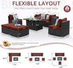 NICESOUL 7 Piece Oversized Patio Furniture Sofa Set with Fire Pit Table Propane Natural Gas Convertible, 29.3'' High Back Sturdy Outdoor Conversation for Heavy People, 2 Color Cushion Wine & Gray